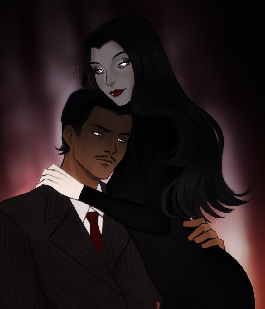 1boy, 1girl, addams_family, artist_name, black_dress, black_hair, blurry, blurry_background, closed_mouth, commentary, couple, dark-skinned_male, dark_skin, dress, facial_hair, gittanart, gomez_addams, highres, hug, long_hair, long_sleeves, looking_at_viewer, morticia_addams, mustache, pale_skin, red_lips, short_hair, striped_clothes, suit, vertical-striped_clothes