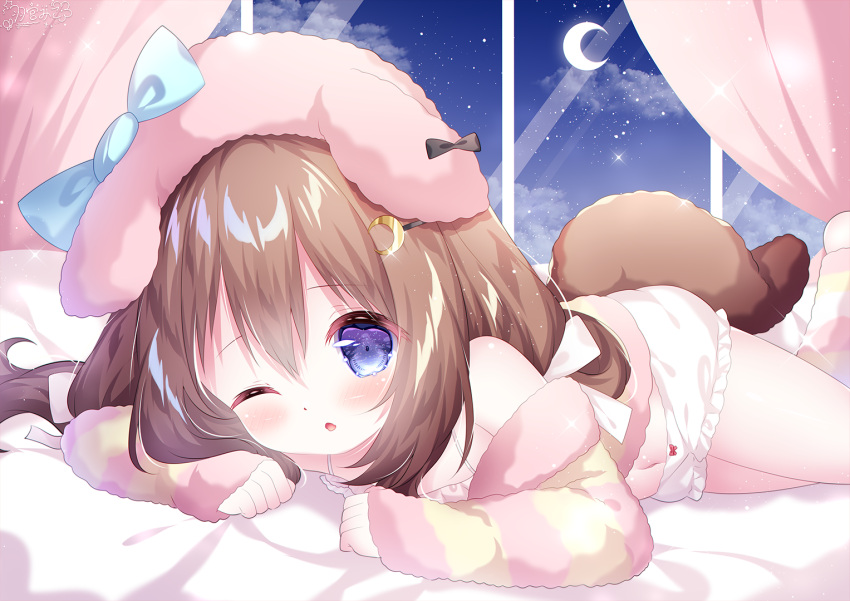 1girl, animal_ears, azur_lane, bed, bloomers, blue_eyes, blush, bow