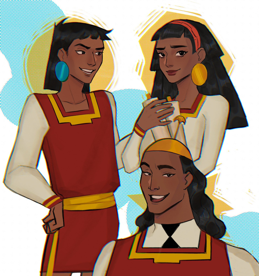 1girl, 2boys, black_hair, commentary, dark-skinned_female, dark-skinned_male, dark_skin, dress