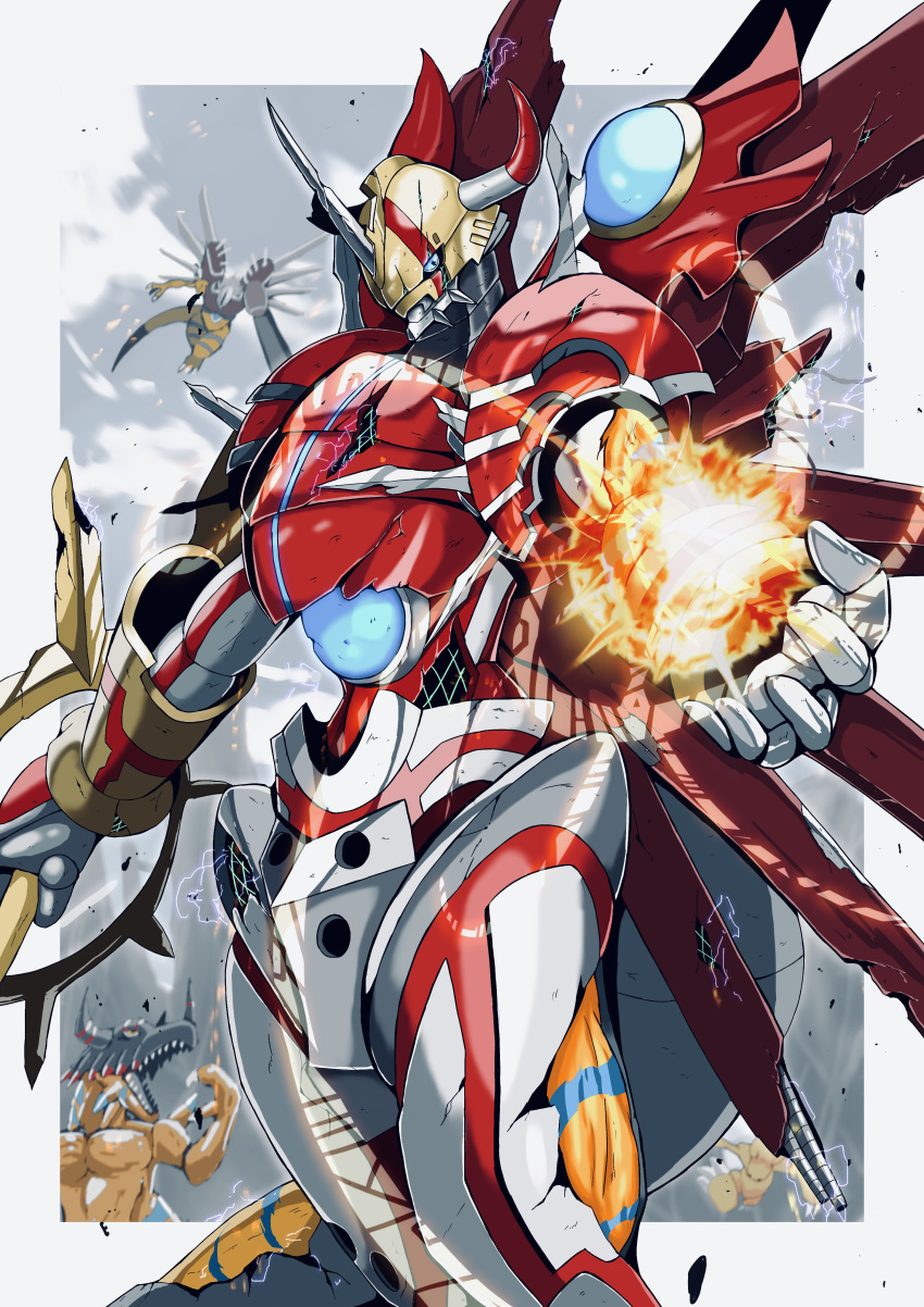 absurdres, agumon_(digimon_savers), arm_cannon, armor, blue_eyes, border, broken_armor, colored_skin