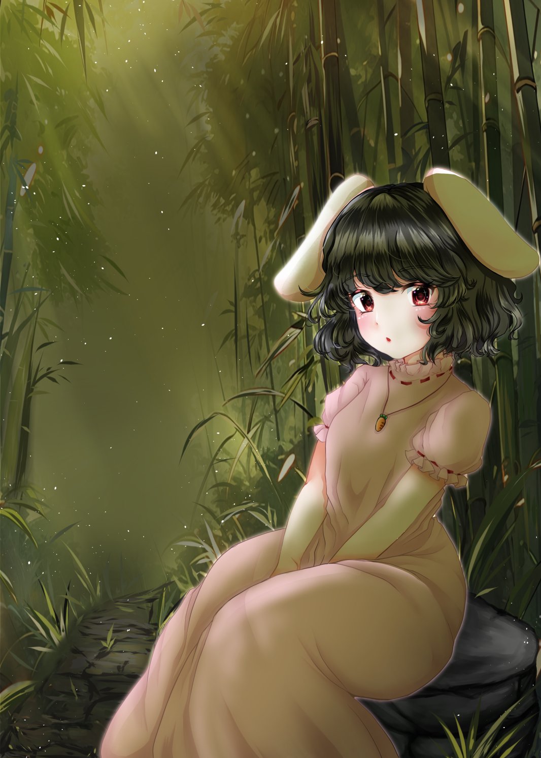 1girl, animal_ears, bamboo, bamboo_forest, black_hair, blush, bob_cut, boulder