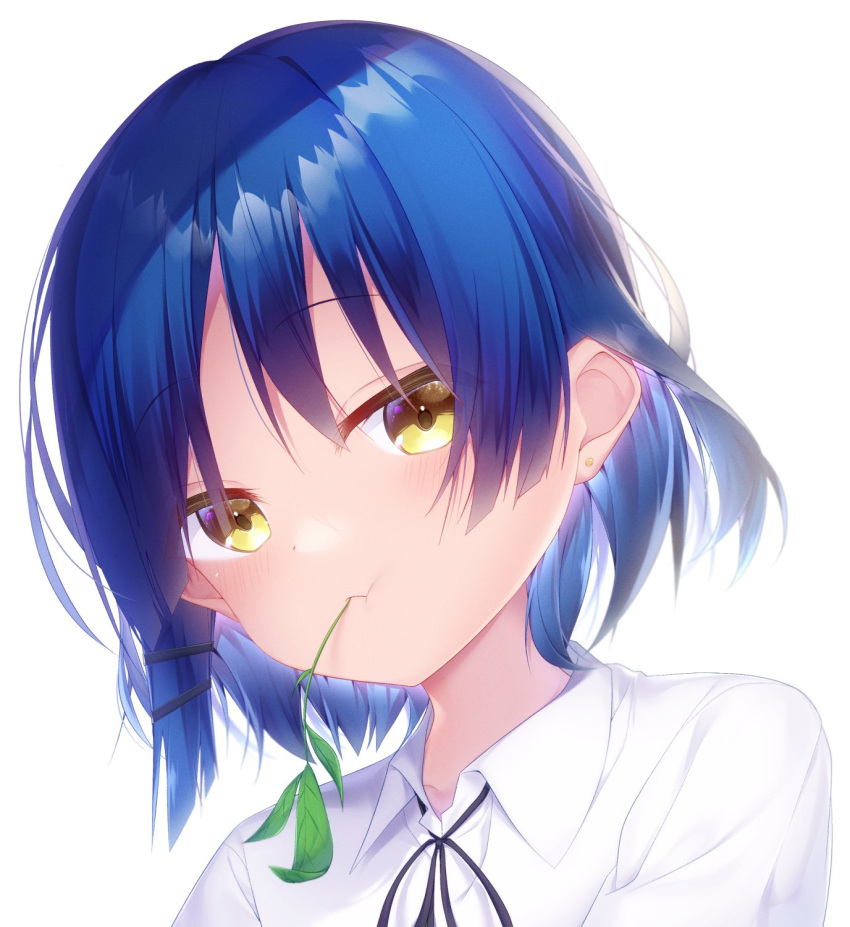 1girl, :t, black_ribbon, bloom, blue_hair, blunt_ends, blush, bocchi_the_rock!, close-up, closed_mouth, collared_shirt, colored_eyelashes, commentary_request, commission, earrings, expressionless, eyes_visible_through_hair, fuwa_mochiri, hair_between_eyes, hair_ornament, hairclip, highres, jewelry, leaf, looking_at_viewer, mouth_hold, neck_ribbon, ribbon, shirt, short_hair, skeb_commission, solo, stalk_in_mouth, stud_earrings, white_background, white_shirt, yamada_ryo, yellow_eyes