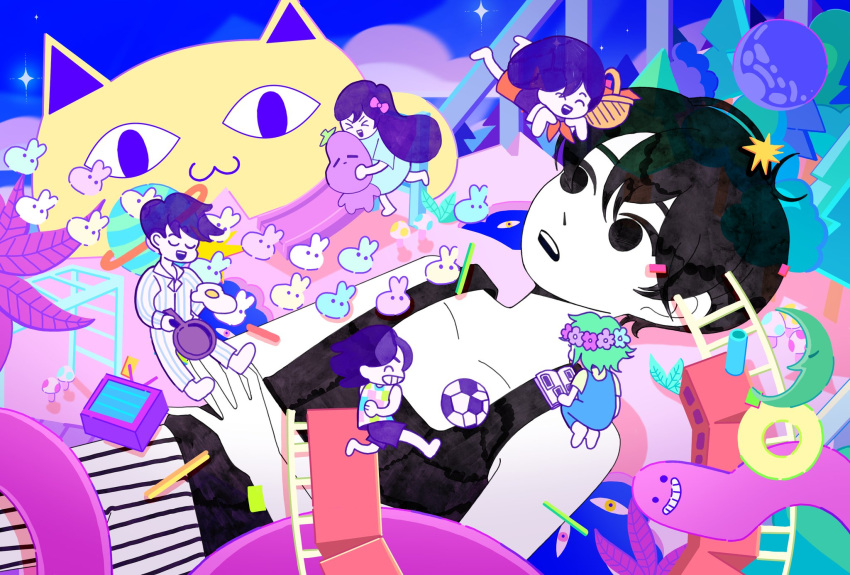 aubrey_(headspace)_(omori), aubrey_(omori), ball, basil_(headspace)_(omori), basil_(omori), big_yellow_cat_(omori), black_eyes, black_hair