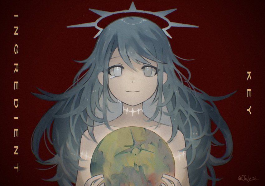 1other, album_name, androgynous, blue_hair, closed_mouth, collarbone, glowing, glowing_eye