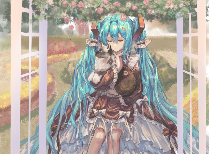 1girl, alternate_costume, animal, aqua_hair, bow, cat, closed_eyes, closed_mouth