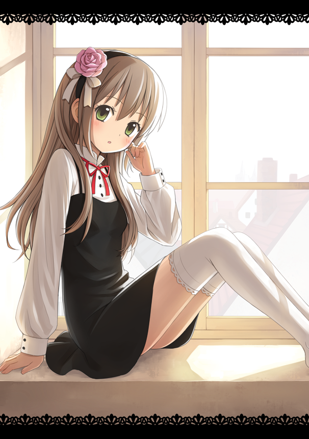 chrono_(pixiv), flower, green_eyes, hair_flower, hair_ornament, kuro_(chrono), long_hair, long_sleeves