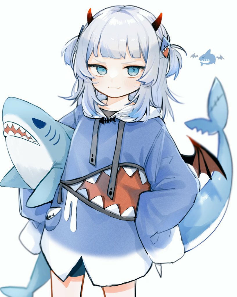 1girl, :3, bike_shorts, black_shorts, blue_eyes, blue_hair, blue_hoodie, demon_horns