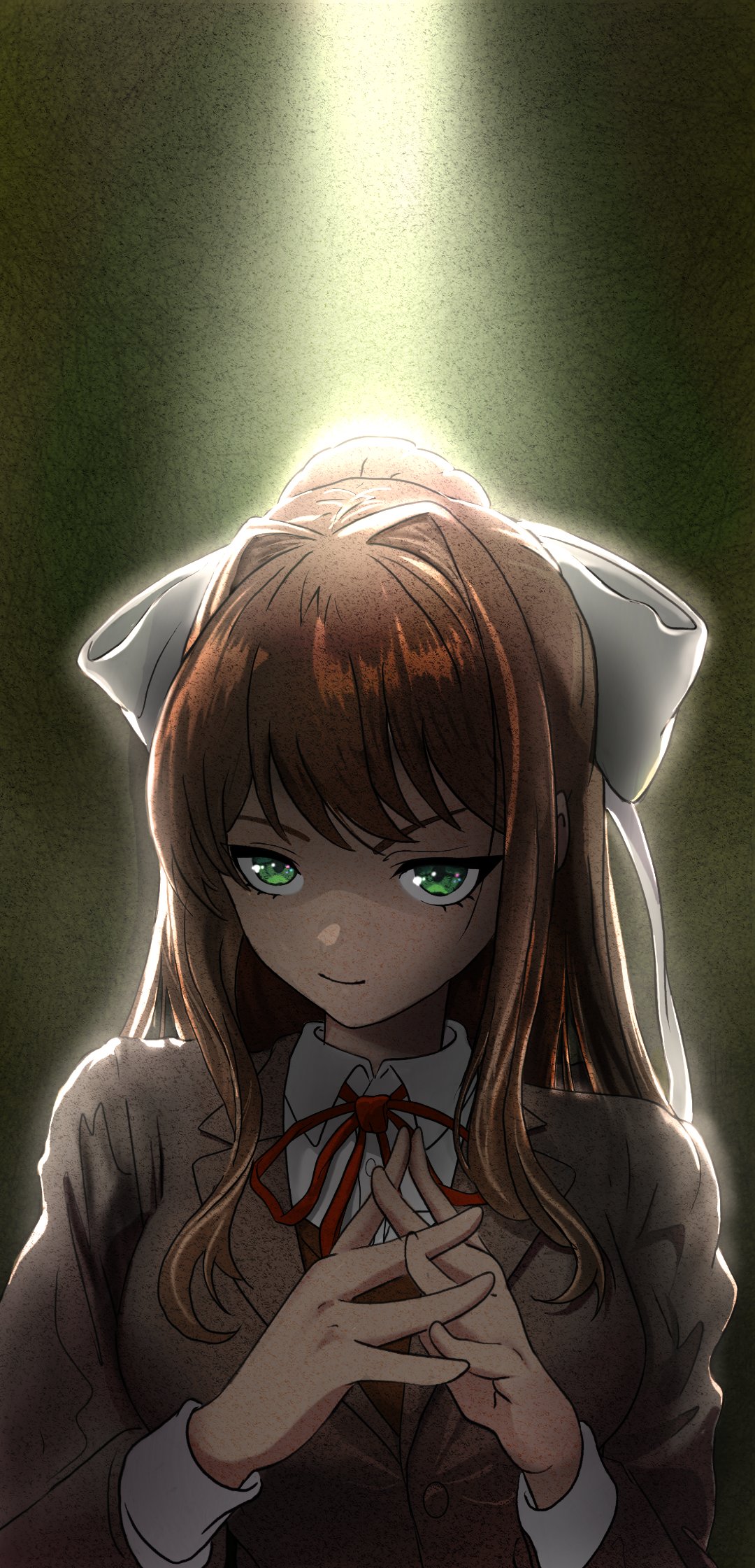1girl, blazer, breasts, brown_hair, dark, dark_background, doki_doki_literature_club, green_eyes
