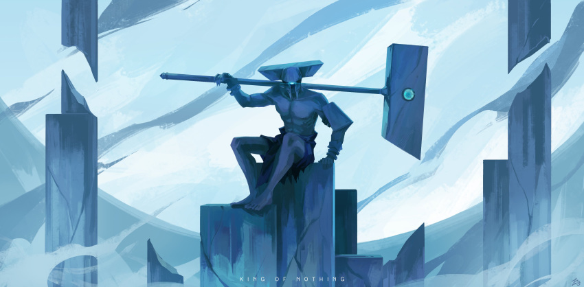 1boy, absurdres, alm4nditte, arm_armor, barefoot, bracelet, full_body, hammer