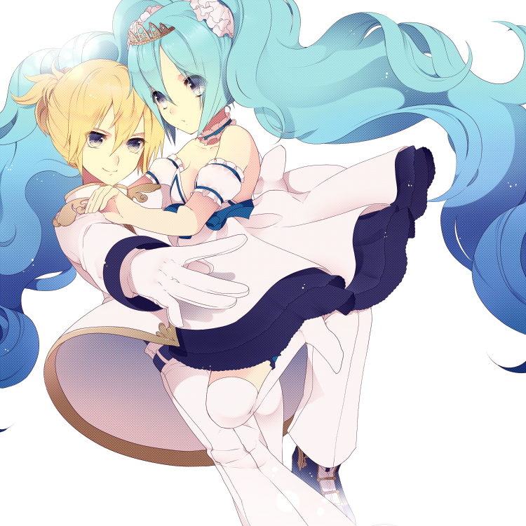 bad_id, blonde_hair, blue_eyes, blue_hair, crown, gloves, gradient_hair, hatsune_miku