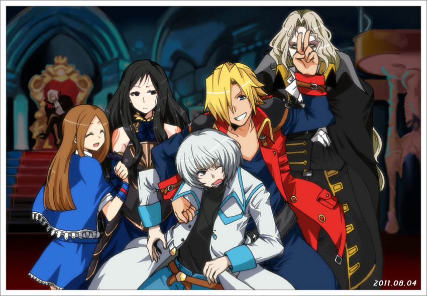 2girls, 4boys, alucard_(castlevania), black_coat, black_hair, blonde_hair, blue_eyes, blue_shawl