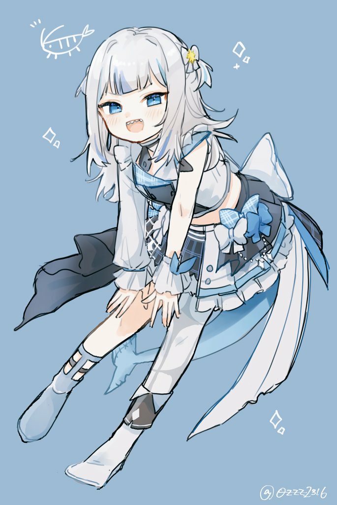 1girl, :d, asymmetrical_legwear, asymmetrical_sleeves, blue_background, blue_eyes, blue_hair, blunt_bangs, blush, bow, cleavage_cutout, clothing_cutout, crop_top, dot_nose, fins, fish_tail, frilled_skirt, frills, gawr_gura, hair_bow, hair_ornament, hololive, hololive_english, hololive_idol_uniform_(bright), layered_skirt, long_sleeves, looking_at_viewer, medium_hair, multicolored_hair, necktie, open_mouth, ozu_(user_sjjz4357), shark_girl, shark_tail, sharp_teeth, short_necktie, simple_background, single_leg_pantyhose, skirt, smile, solo, streaked_hair, tail, teeth, two_side_up, v-shaped_eyebrows, virtual_youtuber, white_hair, white_wrist_cuffs, wrist_cuffs