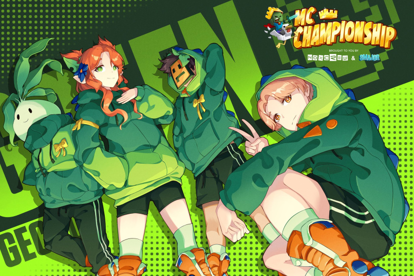 1girl, 3boys, 5up, alternate_costume, animification, blonde_hair, bow, brown_hair