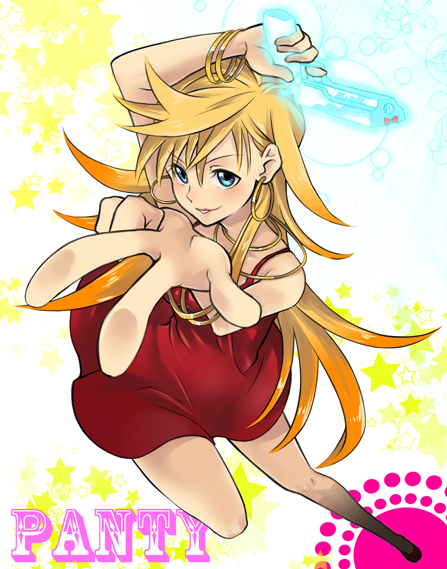 back_lace, blonde_hair, character_name, foreshortening, fujimo_nao, gun, hands, panty_&amp;_stocking_with_garterbelt