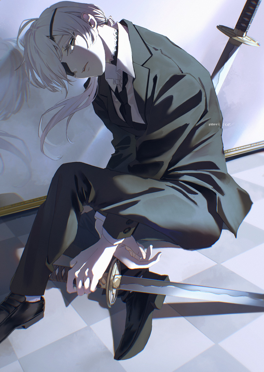 1girl, absurdres, artist_name, black_eyes, black_jacket, black_necktie, black_pants, blazer