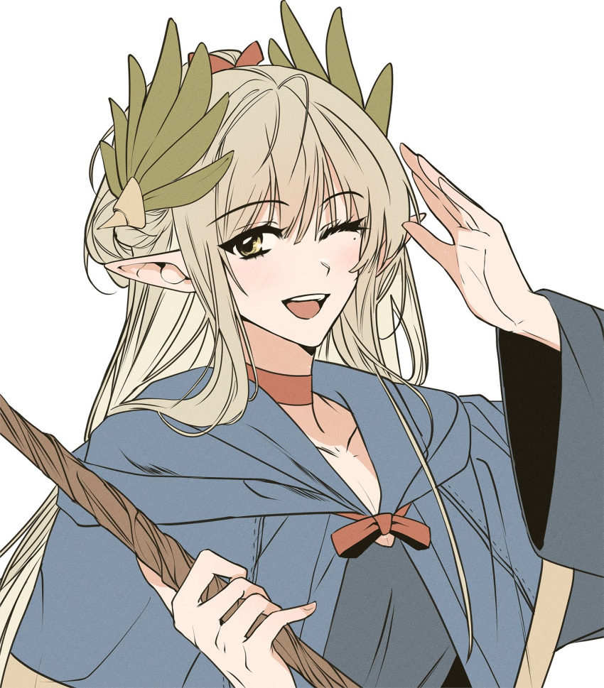 1girl, arknights, blue_robe, commentary_request, cosplay, dungeon_meshi, elf, feather_hair
