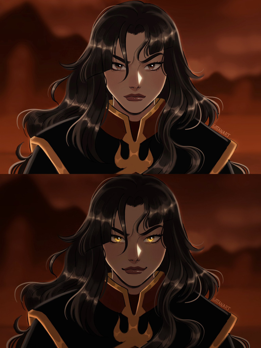 1girl, artist_name, avatar:_the_last_airbender, avatar_legends, azula, brown_eyes, brown_hair, closed_mouth, commentary, eyelashes, gittanart, high_collar, highres, light_smile, long_hair, looking_at_viewer, red_lips, smirk, solo, upper_body, wavy_hair, yellow_eyes