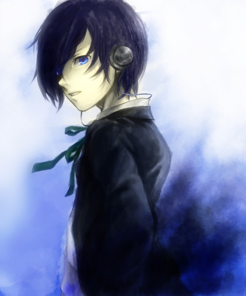 bad_id, blue_eyes, blue_hair, headphones, highres, persona, persona_3, ribbon, school_uniform, short_hair, souseki556