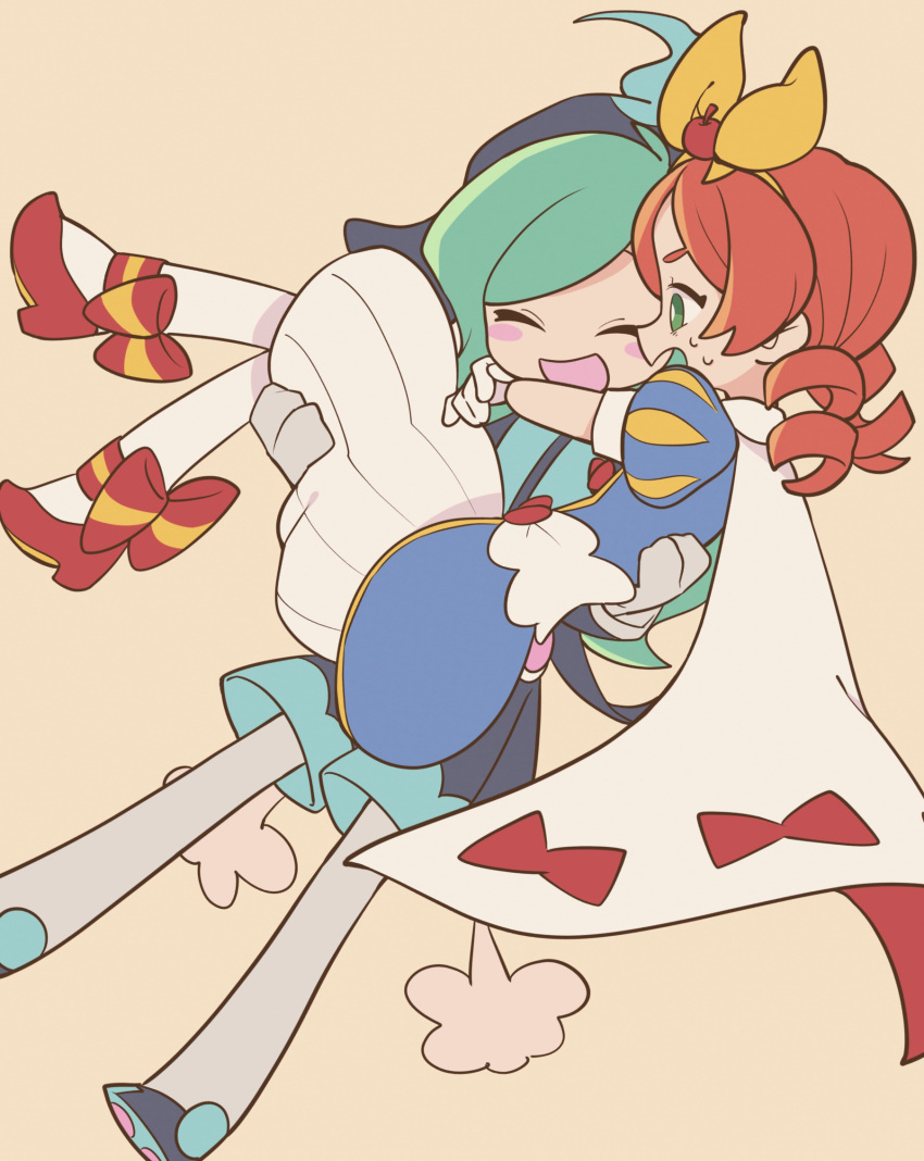 1boy, 1girl, :d, ^_^, ankle_bow, aqua_hair, aqua_shorts, arms_around_neck