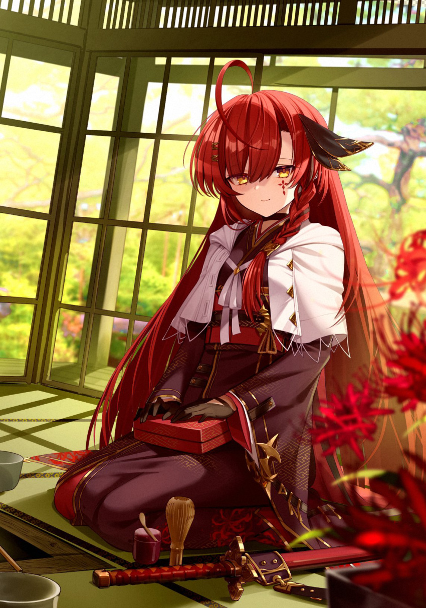 1girl, ahoge, black_gloves, blurry, blurry_background, borrowed_character, box, braid