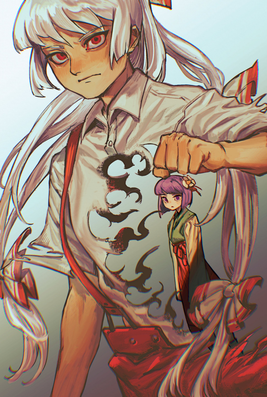 2girls, absurdres, blunt_bangs, bow, burnt_clothes, clenched_hand, closed_mouth, collared_shirt