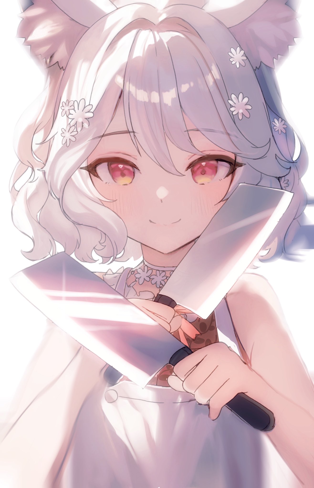 1girl, animal_ear_fluff, animal_ears, apron, chinese_commentary, cleaver, dual_wielding, flower, hair_between_eyes, hair_flower, hair_ornament, highres, holding, looking_at_viewer, margaret_(vtuber), medium_hair, red_eyes, shirt, sibyl, sleeveless, sleeveless_shirt, smile, solo, the_box_(vtuber), upper_body, virtual_youtuber, wavy_hair, white_apron, white_background, white_hair, wolf_ears, wolf_girl