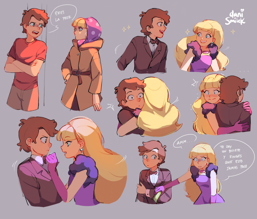 1boy, 1girl, absurdres, adjusting_another's_clothes, artist_name, bare_shoulders, belt, belt_buckle