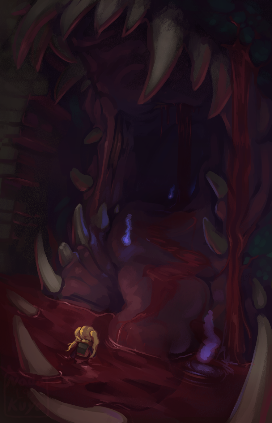 1girl, backpack, bag, blonde_hair, blood, broken_jaw, dragon_quest, dragon_quest_builders_2