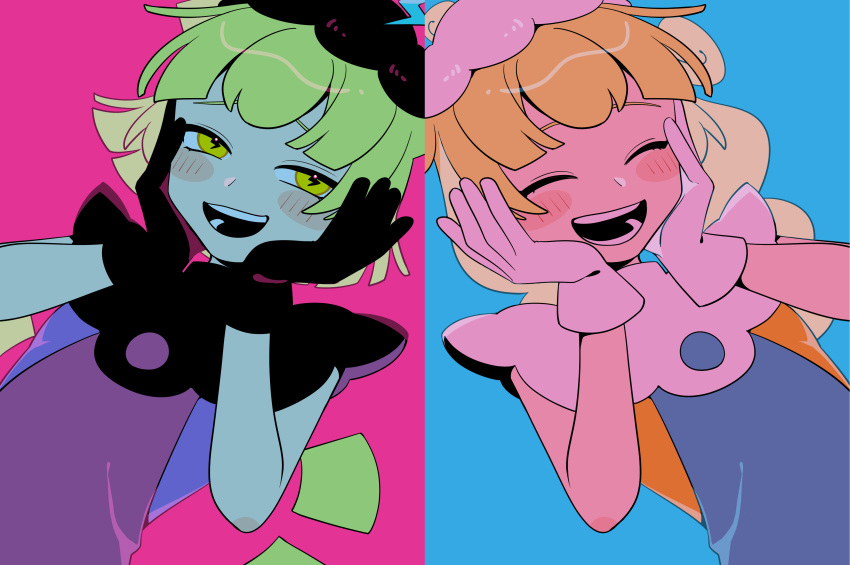 2girls, ^_^, absurdres, black_capelet, black_gloves, black_hat, black_mouth, blonde_hair