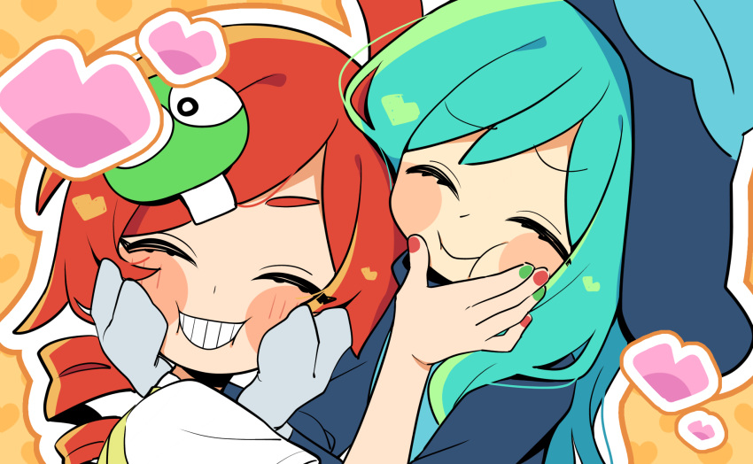 1boy, 1girl, :d, :i, andou_ringo, androgynous, aqua_hair, black_hat