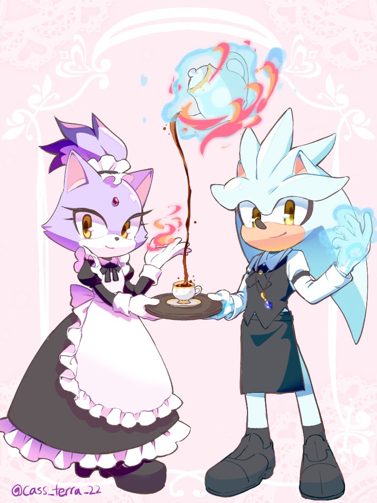 1boy, 1girl, alternate_costume, animal_ears, apron, black_apron, black_dress, black_footwear, black_vest, blaze_the_cat, blaze_the_cat_(maid), cass_terra_22, cat_ears, cat_girl, cat_tail, commentary, cup, dress, fire, furry, furry_female, furry_male, gloves, hedgehog_boy, hedgehog_ears, holding, juliet_sleeves, korean_commentary, long_dress, long_sleeves, maid, maid_headdress, official_alternate_costume, pouring, puffy_sleeves, purple_fur, purple_hair, shoes, short_ponytail, silver_the_hedgehog, sonic_(series), sonic_speed_simulator, standing, tail, tea, teacup, teapot, telekinesis, vest, waiter, white_apron, white_gloves, yellow_eyes