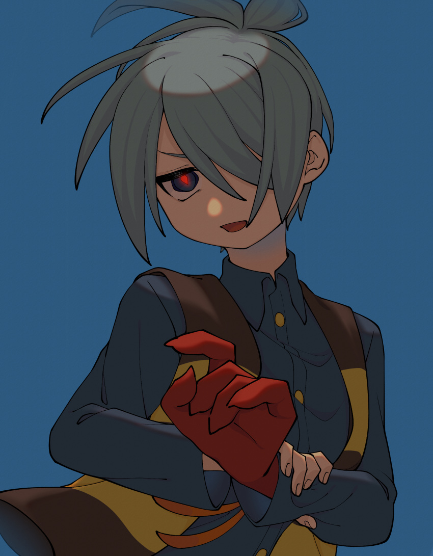 1boy, absurdres, antenna_hair, asymmetrical_arms, black_jacket, black_shirt, blue_background, collared_shirt