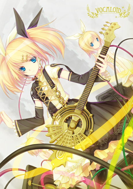 guitar, hime03, instrument, kagamine_len, kagamine_rin, kagamine_rin_(roshin_yuukai), kagamine_rin_(roshin_yuukai/hard_rkmix), meltdown_(vocaloid), roshin_yuukai_(vocaloid), twintails, vocaloid
