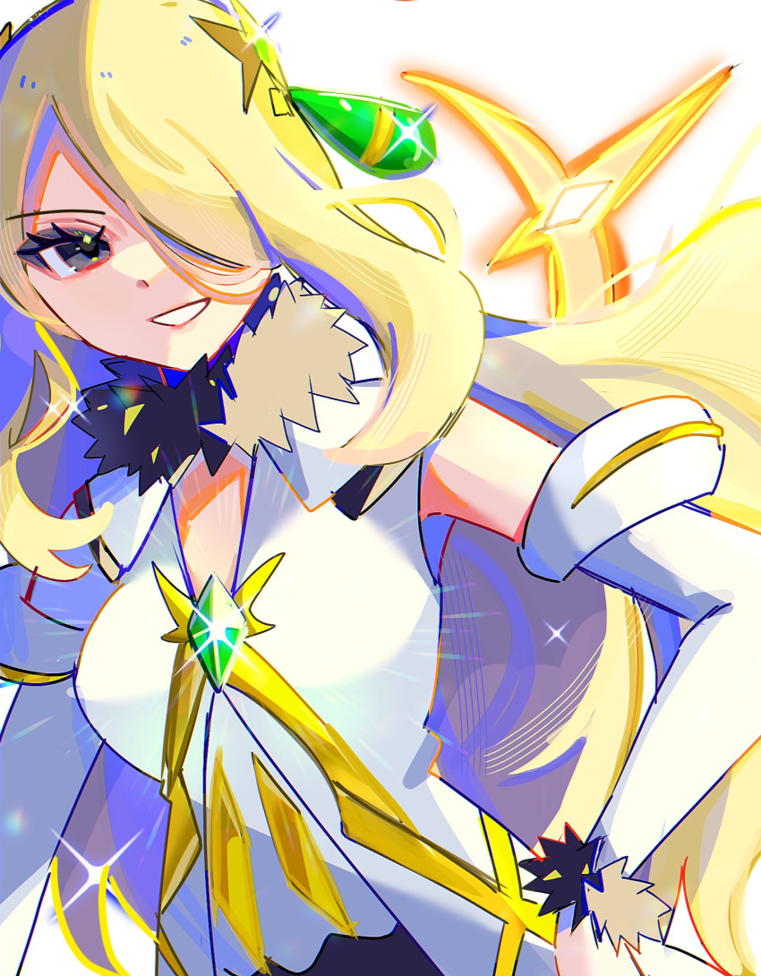 1girl, black_eyes, blonde_hair, coat, cynthia_(arc_suit)_(pokemon), cynthia_(pokemon), detached_sleeves, fur_trim