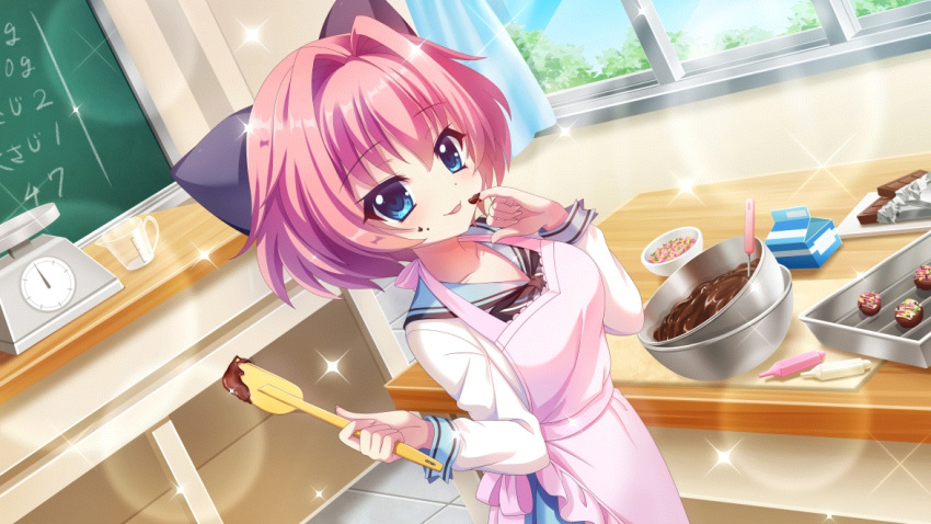 1girl, apron, baking, baking_sheet, blue_curtains, blue_sailor_collar, blue_skirt, blue_sky