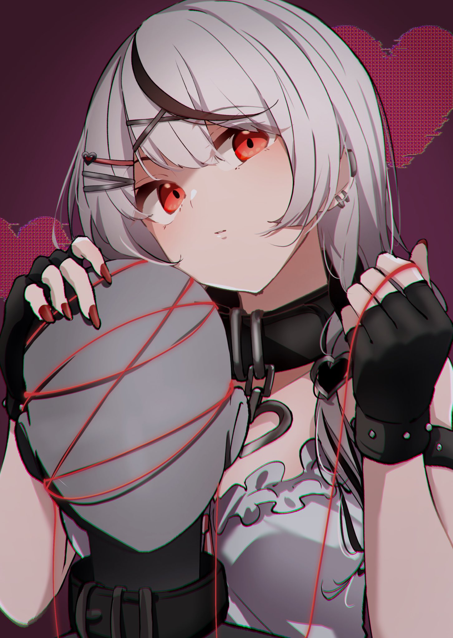 1girl, binaural_microphone, black_collar, black_gloves, black_hair, breasts, camisole, collar