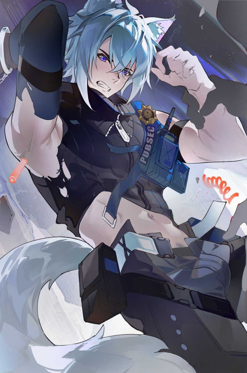 1boy, abs, animal_ears, arm_grab, armpits, bishounen, black_gloves, black_sweater, cat_boy, cat_ears, cat_tail, clenched_teeth, cowboy_shot, gloves, highres, male_focus, midriff, pos_po, seth_lowell, short_hair, sleeveless, solo, sweater, tail, teeth, violet_eyes, white_hair, zenless_zone_zero