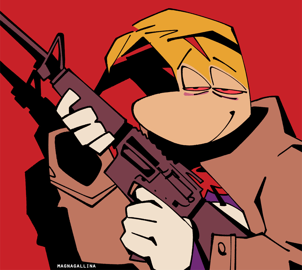 1boy, artist_name, assault_rifle, blonde_hair, bloodshot_eyes, brown_coat, coat, commentary