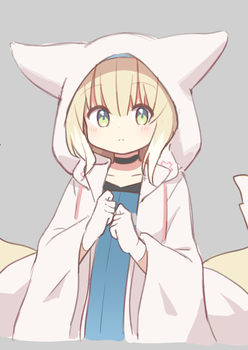 1girl, animal_ears, animal_hood, arknights, black_choker, blonde_hair, blue_dress, blush