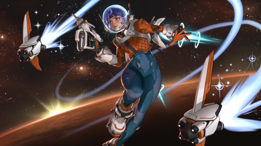 1girl, blue_suit, flying, gloves, gun, helmet, highres, holding