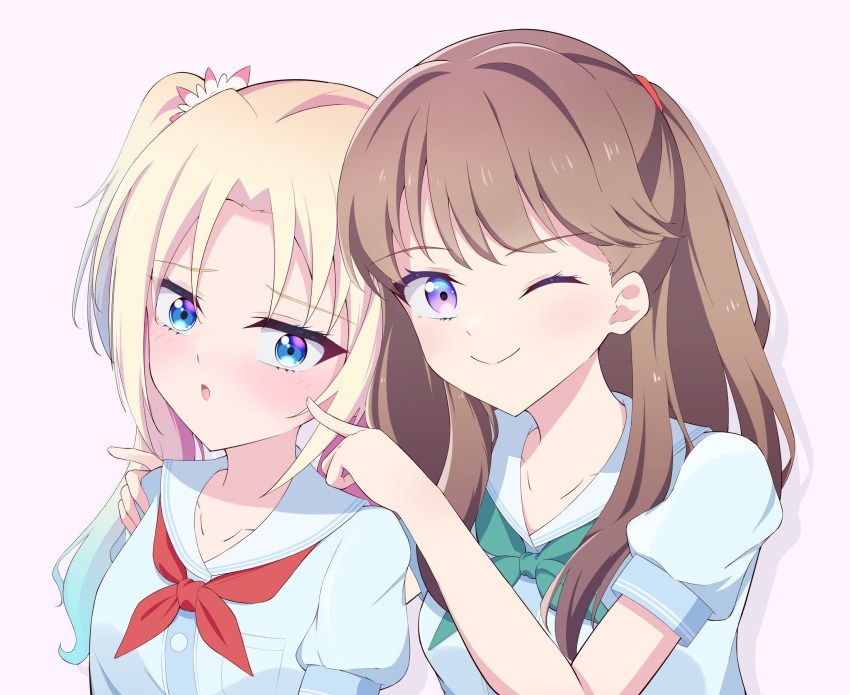 2girls, :o, ;), aqua_neckerchief, blonde_hair, blue_dress, blue_eyes, blue_hair