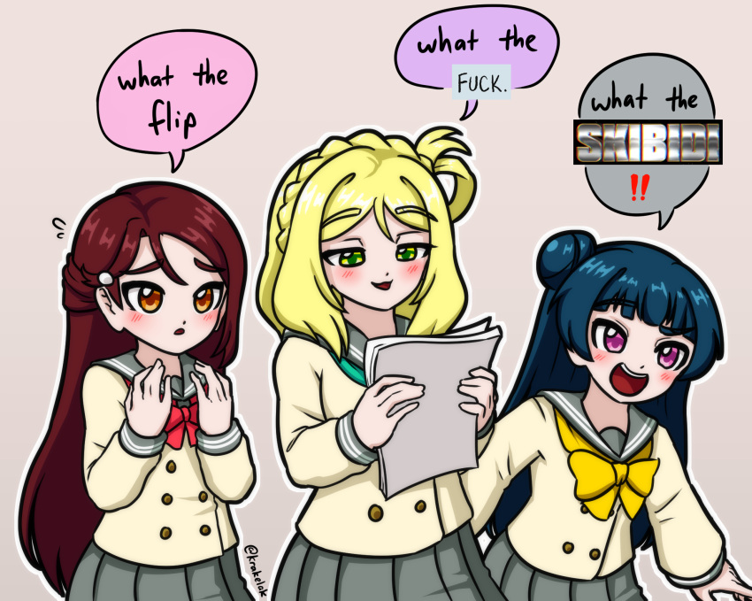3girls, :3, :d, aqua_neckerchief, blonde_hair, blue_hair, blunt_bangs, blush, bow, bowtie, braid, buttons, bxsql_wtf_trio, colored_speech_bubble, commentary, crown_braid, d:, dark_blue_hair, double-breasted, english_commentary, flying_sweatdrops, green_eyes, grey_background, grey_sailor_collar, grey_skirt, guilty_kiss_(love_live!), hair_bun, hands_up, highres, holding, holding_paper, krakelak, long_hair, long_sleeves, love_live!, love_live!_sunshine!!, miniskirt, multiple_girls, neckerchief, ohara_mari, open_mouth, orange_eyes, paper, pink_eyes, pleated_skirt, raised_eyebrow, red_bow, red_bowtie, redhead, sailor_collar, sakurauchi_riko, school_uniform, serafuku, shirt, single_hair_ring, single_side_bun, skirt, smile, speech_bubble, teeth, tsushima_yoshiko, twitter_username, upper_body, upper_teeth_only, uranohoshi_school_uniform, white_shirt, winter_uniform, yellow_bow, yellow_bowtie, zoomer_slang