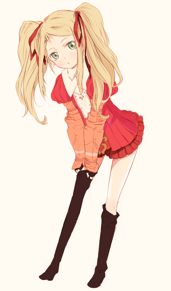 blonde_hair, blush, green_eyes, hair_ribbon, long_hair, maromi_(am97), maromi_(artist), radiata_stories, ribbon, ridley_silverlake, skirt, solo, thighhighs, twintails