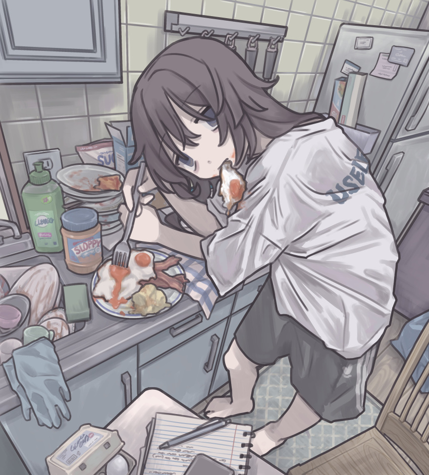 1girl, absurdres, bacon, barefoot, black_eyes, black_shorts, counter, eating