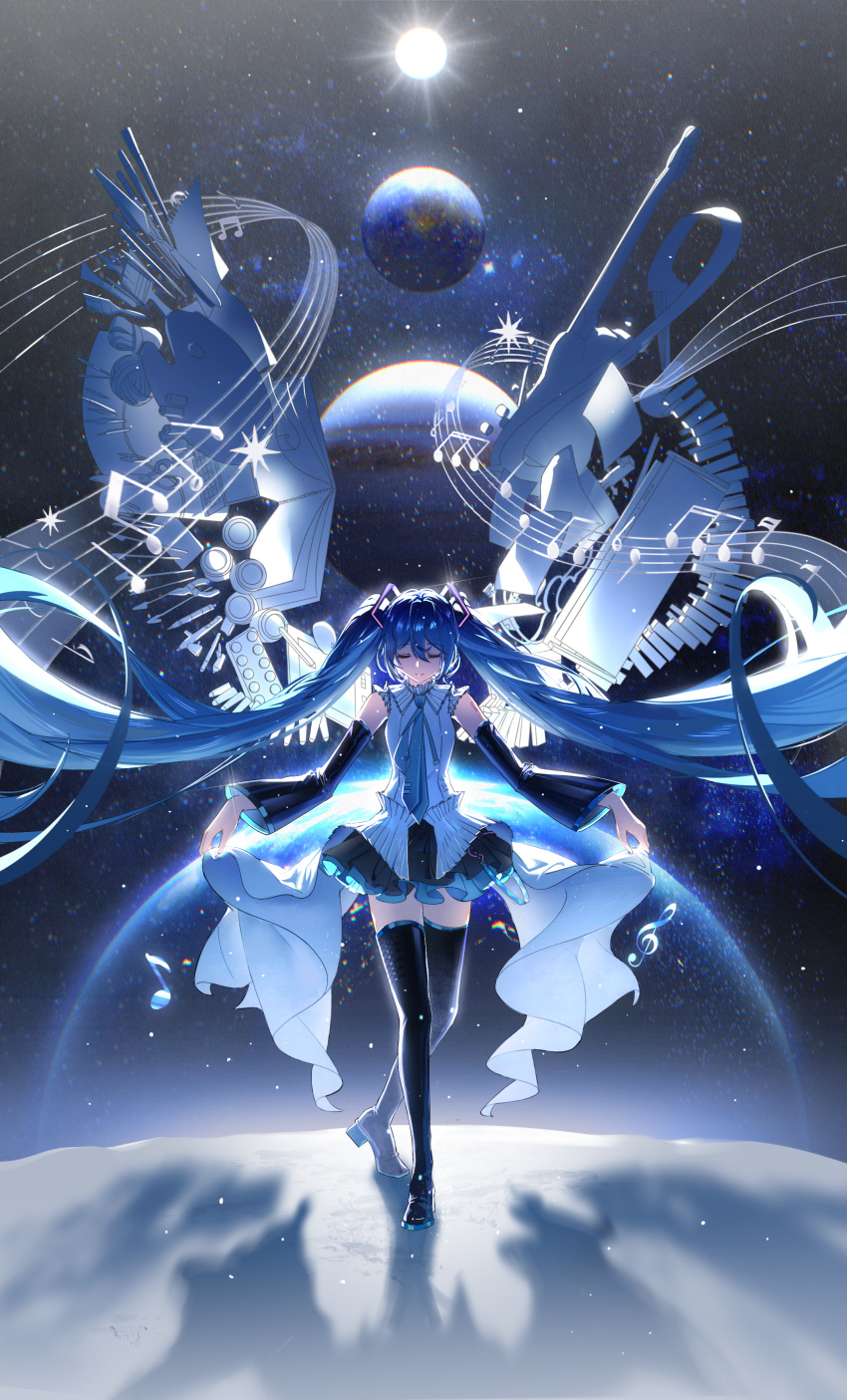 1girl, absurdres, artificial_wings, backlighting, black_footwear, black_sleeves, black_thighhighs, blue_hair