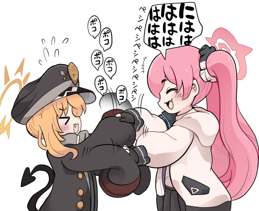 >_<, 2girls, black_coat, black_gloves, black_hat, black_skirt, black_tail, blonde_hair
