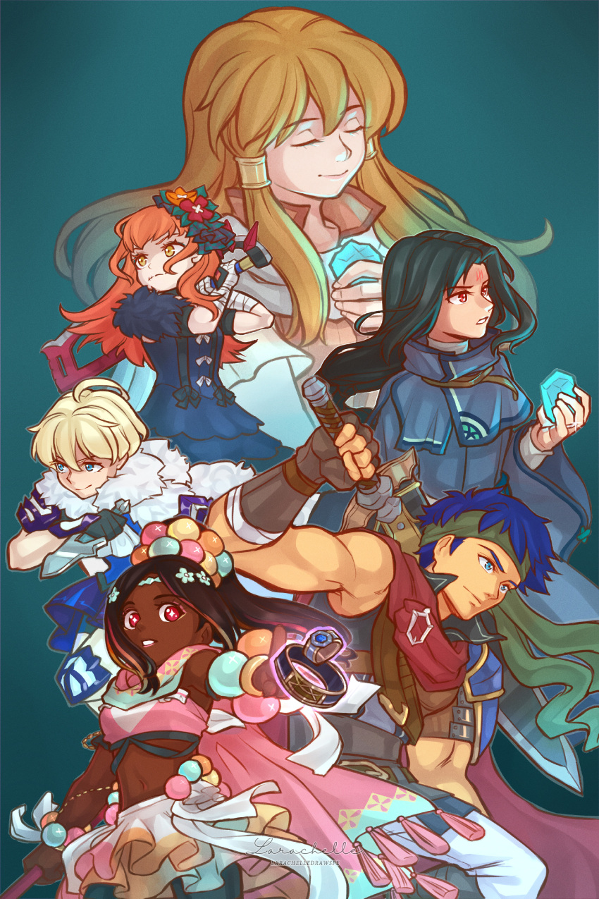 2boys, 4girls, absurdres, aqua_eyeshadow, ascot, axe, bandaged_arm, bandaged_hand