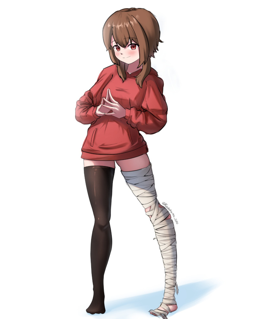 1girl, alternate_costume, asymmetrical_legwear, bandaged_leg, bandages, black_thighhighs, blush, breasts