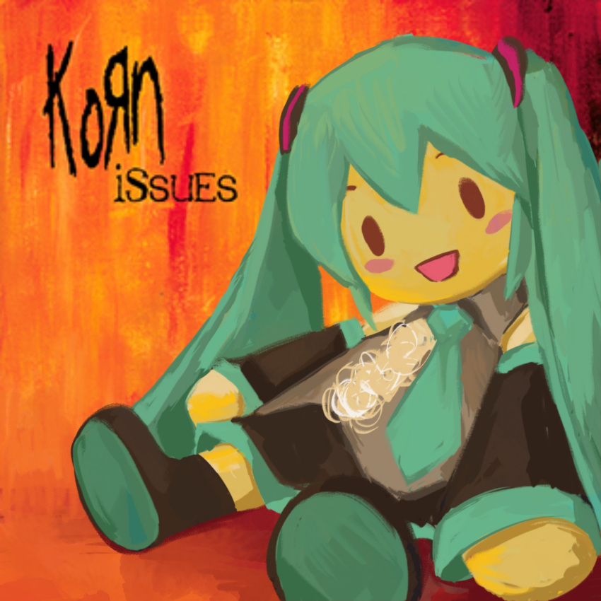 album_cover, album_cover_redraw, album_name, aqua_hair, aqua_necktie, black_footwear, black_skirt, black_sleeves, blue_hair, blue_necktie, blush_stickers, character_doll, commentary, cover, derivative_work, detached_sleeves, english_commentary, grey_shirt, hatsune_miku, highres, issues_(korn), korn_(band), necktie, no_humans, open_mouth, punkcorpz, shirt, skirt, smile, stuffed_toy, twintails, vocaloid