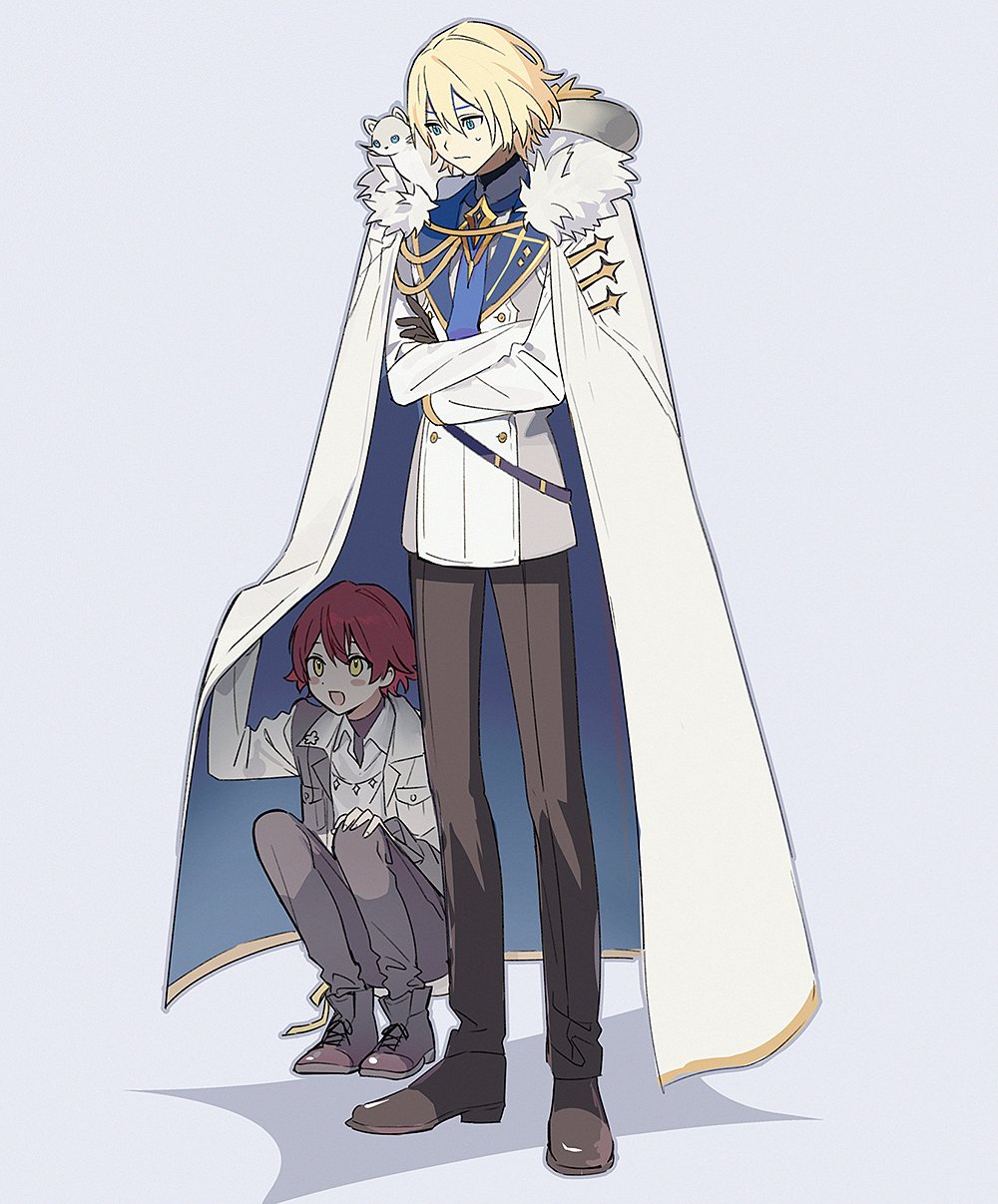 2boys, :d, :|, aiguillette, animal_on_shoulder, belt, belt_buckle, black_belt